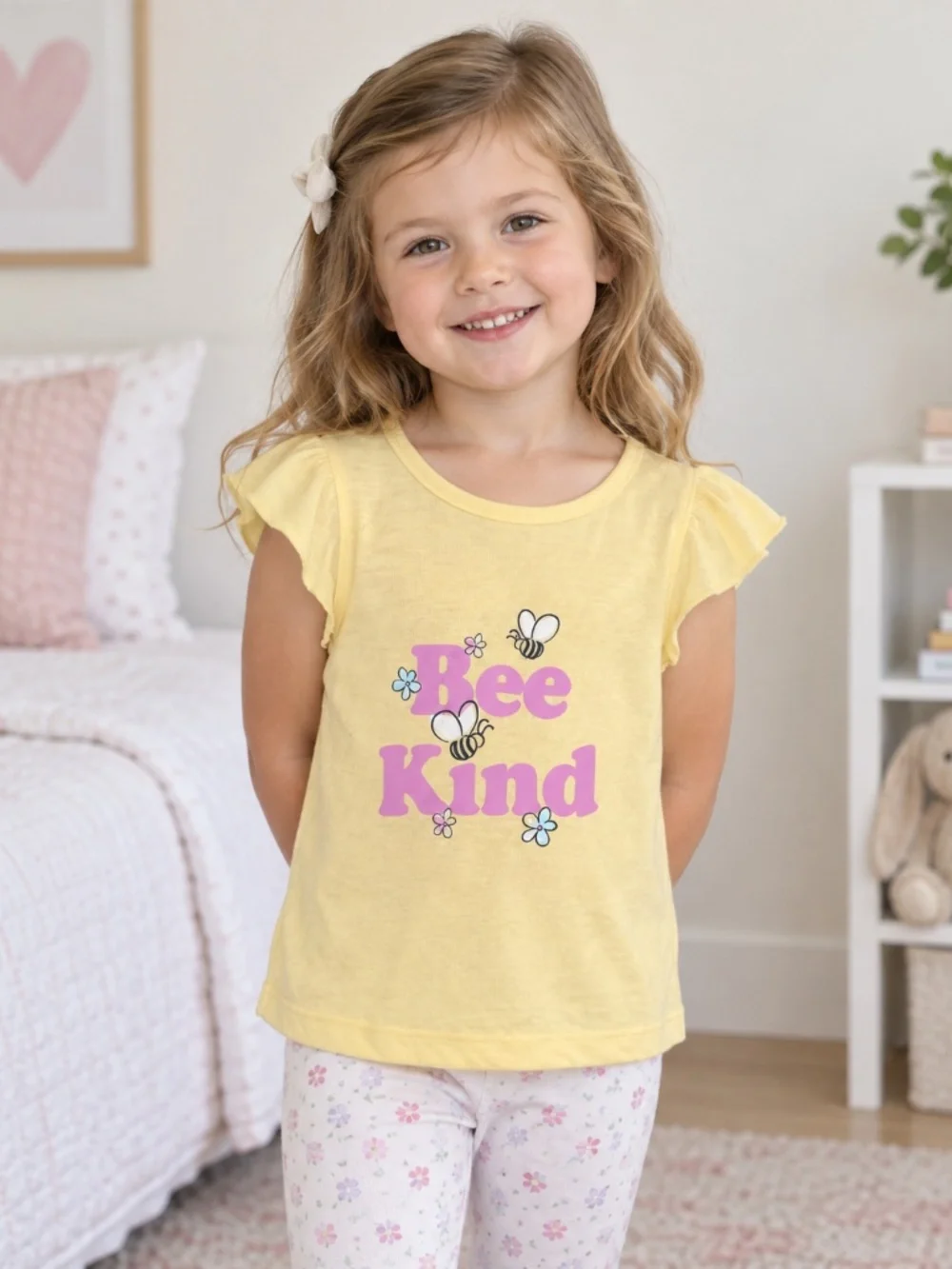 Cuddl Duds Girls 4T Bee Kind Pajama Top Yellow Flutter Sleeve Sleepwear NWT